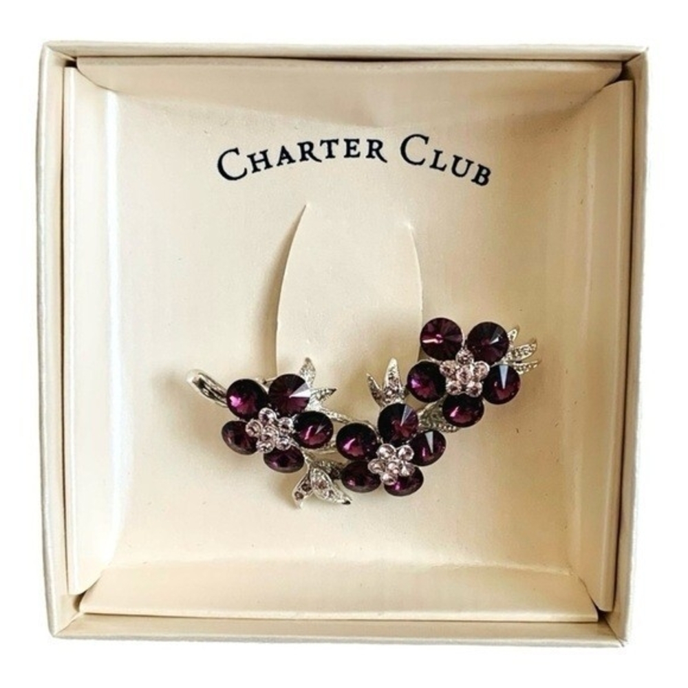 Charter Club Silver Tone Purple Clear Crystal Flower Brooch 2" Pin NIB - Picture 6 of 7